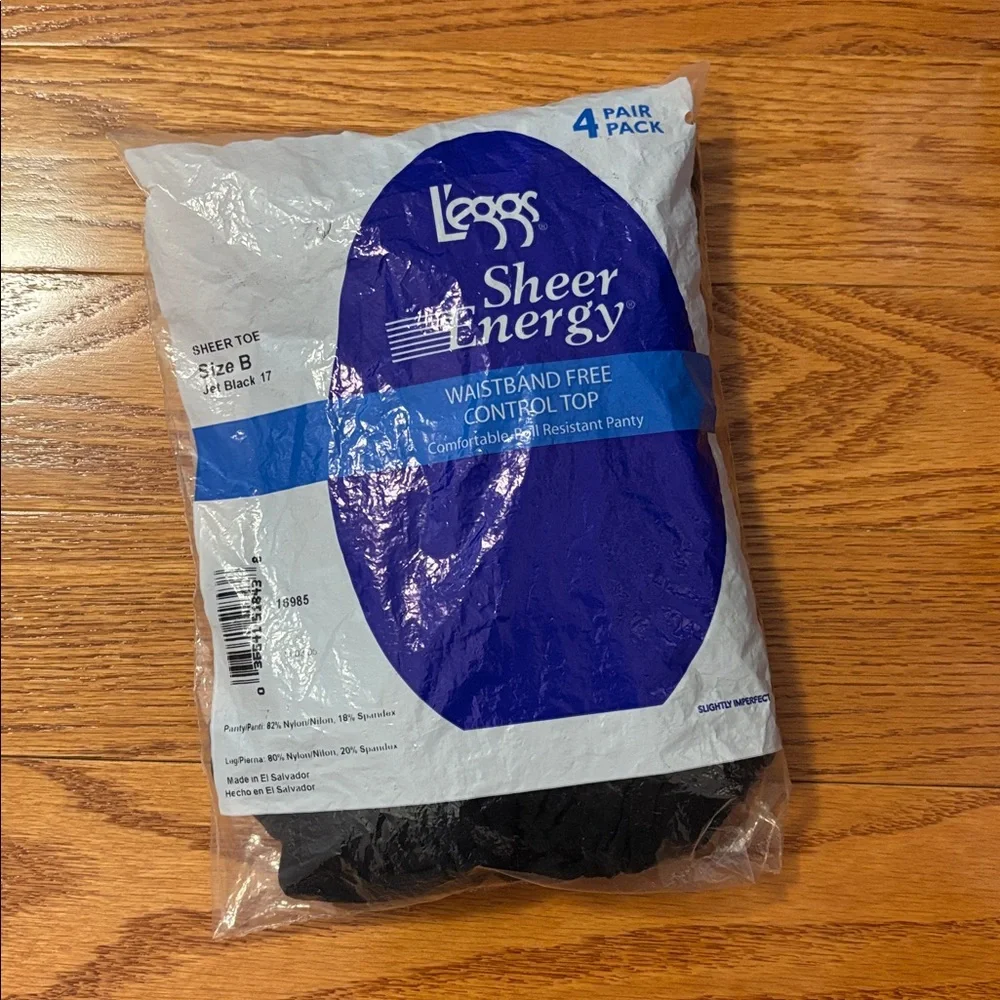 NEW L’eggs Sheer Energy Leg Tights Medium B Jet Black 4 Pack Control Top